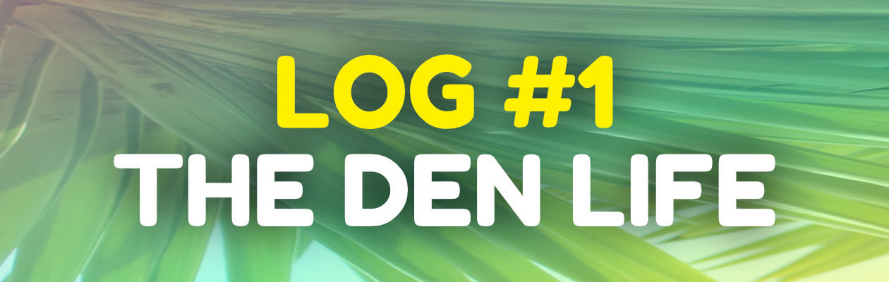Blog header of green palm leaves, featuring the blog title - The Den Life