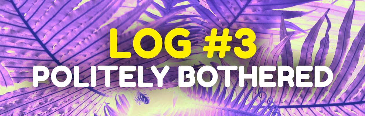 Blog header of purple palm leaves, featuring the blog title - Politely Bothered