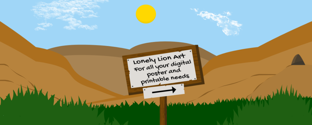 2D mountain scene with a sign pointing to Lonely Lion's cave
