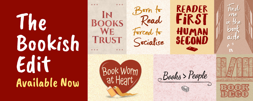 Banner showing the bookish edit available on Etsy. Features a collage of book lover designs